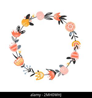 Flower wreath in Scandinavian doodle style. Birthday, anniversary greeting card border with a place for text. Vector illustration isolated on white Stock Vector