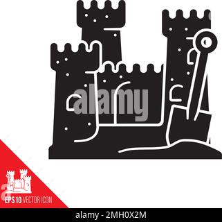 Sand castle and shovel vector glyph icon. Beach and seaside vacations symbol. Stock Vector