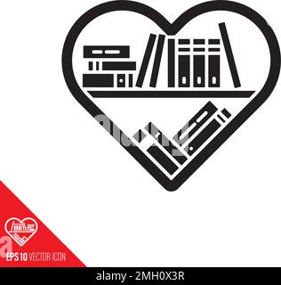 Heart shaped bookshelf with various books vector glyph icon. Literature appreciation symbol. Stock Vector