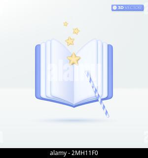 Open Magic book with magic wand and stars flying out icon symbol. Fairytale pictogram. Power of knowledge sign. Fantasy world concept. 3D vector isola Stock Vector