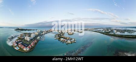 Aerial panorama of Clearwater Beach with Sand Key on the Gulf Coast of Pinellas County, Florida, USA. Stock Photo