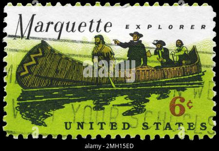 USA - CIRCA 1968: A Stamp printed in USA shows a Father Marquette (1637-1675), French Jesuit missionary, and Louis Jolliet exploring the Mississippi, Stock Photo