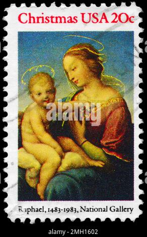 USA - CIRCA 1983: A Stamp printed in USA shows the Madonna, by Raphael (1483-1520), National Gallery, circa 1983 Stock Photo