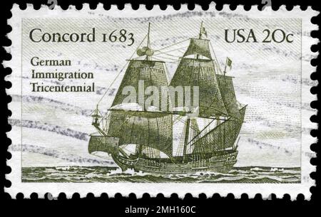 USA - CIRCA 1983: A Stamp printed in USA shows the Sailer “Concord” (1683), German immigration tricentennial, circa 1983 Stock Photo