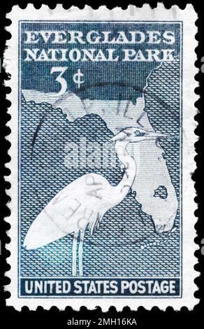 USA - CIRCA 1947: A Stamp printed in USA shows the Great White Heron and Map of Florida, Everglades National Park issue, circa 1947 Stock Photo