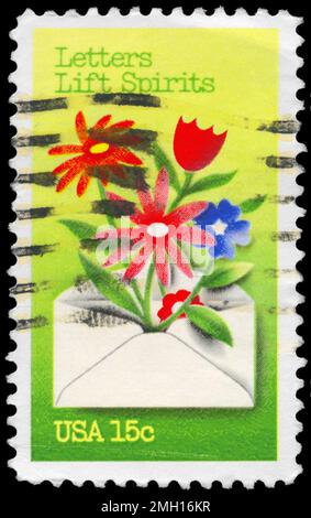 USA - CIRCA 1980: A Stamp printed in USA shows the Letters Lift Spirits, Letter Writing series, circa 1980 Stock Photo
