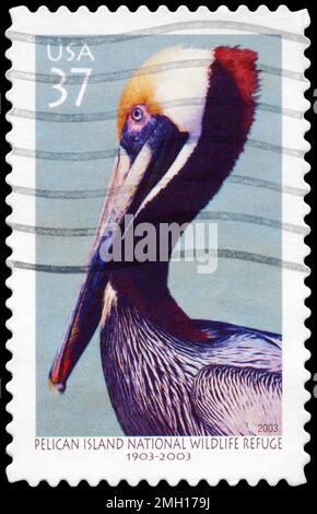 USA - CIRCA 2003: A Stamp printed in USA shows the Brown Pelican, Pelican Island National Wildlife Refuge, centenary, circa 2003 Stock Photo