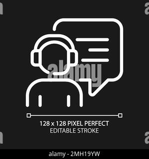 Talking with call centre operator pixel perfect white linear icon for dark theme Stock Vector