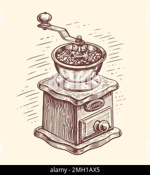 Retro manual coffee grinder or mill sketch in vintage style Stock