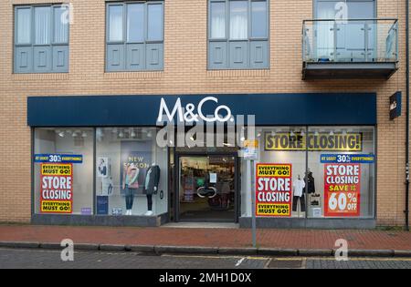 Egham, Surrey, UK. 26th January, 2023. High Street clothes retailer M&Co have gone into adminstration for the second time and are now closing their stores. Credit: Maureen McLean/Alamy Live News Stock Photo