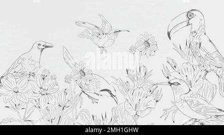 Hand drawn birds and flowers pattern on white background vector Stock Vector
