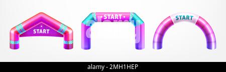 Realistic 3d colorful inflatable arches for sports competition. Arch gates of different shapes for marathon, races or outdoor sport events. Start archways isolated on white background. Stock Vector