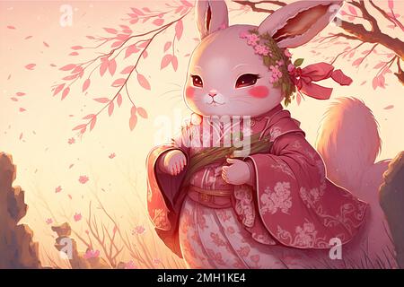 Chinese rabbit 2023 symbol. Cute cartoon white rabbit in chinese