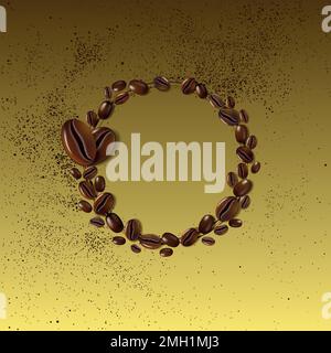 round wreath of coffee beans on a gold background Stock Vector