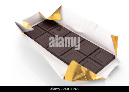 Dark chocolate bar unwrapped from golden foil paper isolated on white with clipping path Stock Photo