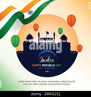 Stock Illustration of 15th August Happy Independence Day of India, tricolor paint brush stroke, flying hot air balloon and famous monuments of India. Stock Vector