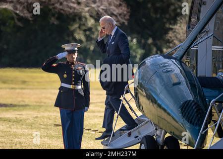 President Joe Biden disembarks Marine One on the South Lawn of the White House, Monday, January 16, 2023, after his trip to Wilmington, Delaware. (Official White House Photo by Adam Schultz) Stock Photo