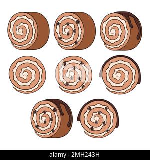 Set of color illustration with chocolate cake roll. Isolated vector objects on a white background. Stock Vector