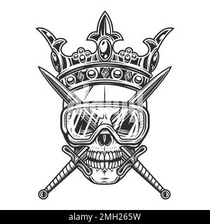 Skull in crown king with crossed swords and new construction builder safety glasses isolated vector illustration on white background. Vintage crowning Stock Vector