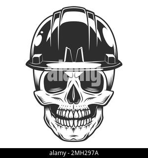 Builder skull in hard hat from business new construction and remodeling house in vintage monochrome style illustration Stock Vector