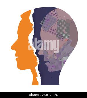 Schizophrenia, Depression, male head silhouettes. Illustration with stylized male heads on grunge texture symbolizing psychological concepts. Stock Vector
