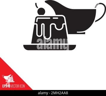 Pudding or custard with topping and cherry, gravy boat behind, vector icon Stock Vector