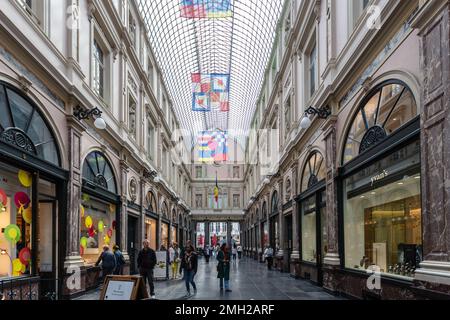The Royal Saint Hubert Galleries, Galeries Royales Saint Hubert, is an ensemble of three shopping arcades in central Brussels. Belgium. Stock Photo