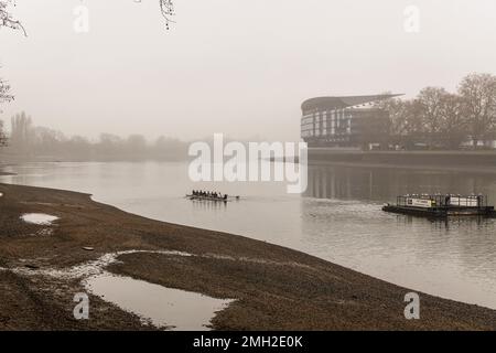 The new Riverside Stand at Craven Cottage on a misty day, home of Fulham Football Club Stock Photo