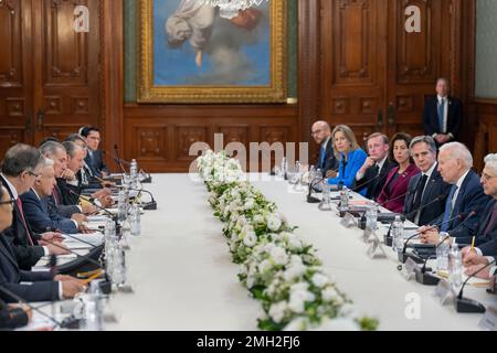 President Joe Biden participates in a bilateral meeting with Mexican President Andres Manuel Lopez Obrador, Monday, January 9, 2023, at the National Palace in Mexico City.(Official White House Photo by Adam Schultz) Stock Photo