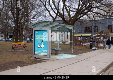 Toronto, Ontario, Canada, January 21, 2023: Broken TTC Shelter Stock Photo