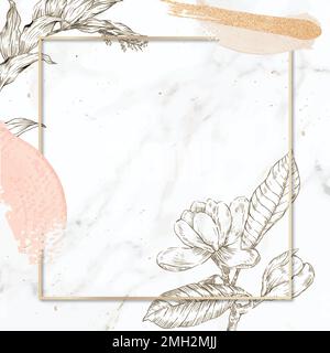 Rectangle frame with brush strokes and outline flowers decoration on marble background vector Stock Vector