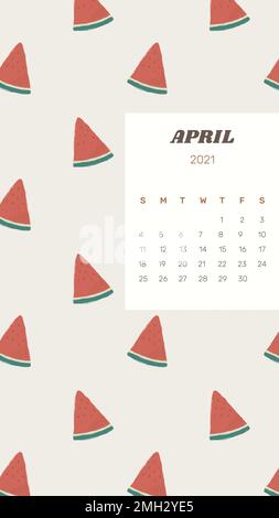 Calendar 2021 April printable vector template with cute watermelon background Stock Vector