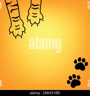 orange background with tiger paws and footprints Stock Vector