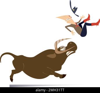 Farmer or cowboy and angry bull illustration. Rodeo. Bull raised farmer or cowboy by horns. Isolated on white background Stock Vector