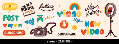 Blog content icons. Blogging or vlogging cartoon icons for social midea vector flat illustration. Stock Vector