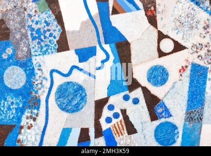 Abstract texture in African style from geometric shapes of lines, triangles and circles in blue, brown and white colors. Stock Photo