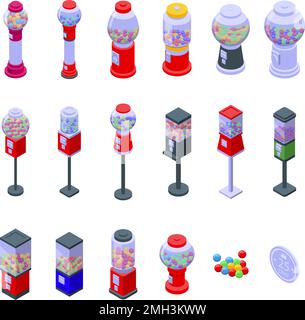 Bubblegum machine icons set isometric vector. Gum candy. Toy ball Stock Vector