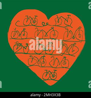 I love cyling, red heart, lineart. Illustration of bicyckles in heart shape on green background. Continuous Line Drawing. Vector available. Stock Vector