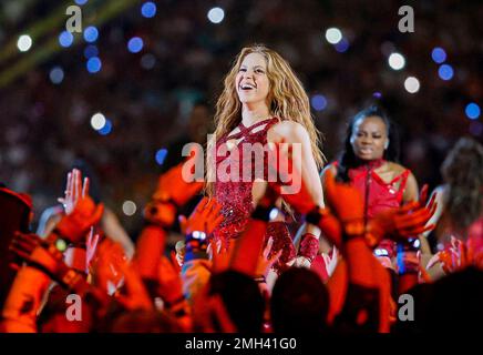 Miami Gardens, USA. 02nd Feb, 2020. Shakira performs during the Pepsi Super Bowl LIV Halftime Show at Hard Rock Stadium in Miami Gardens, Florida, on Feb. 2, 2020. (Photo by Al Diaz/Miami Herald/TNS/Sipa USA) Credit: Sipa USA/Alamy Live News Stock Photo