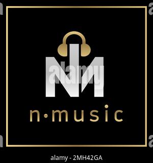 Monogram N M. Emblem with golden headphones on black background. Stock Vector