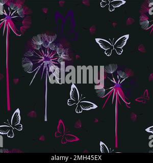Seamless pattern magic purple dandelions. Background for creating textiles, fabrics, paper, wallpapers. Dark background. Vector illustration. Stock Vector