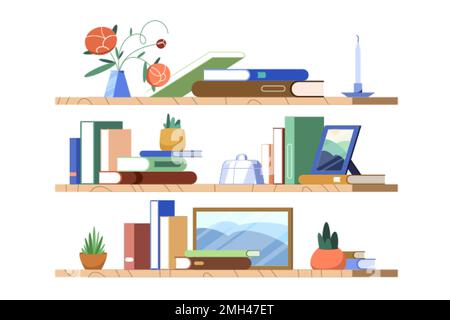 Flat colorful books, plants and picture frames stand on bookshelf. School bookcase or shelf hanging on wall in library or home with lying in pile textbooks. Paperbacks on bookshelves. Stock Vector