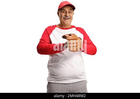 Happy mature man wearing a baseball glove isolated on white background Stock Photo