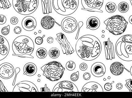 European food seamless pattern top view plates dishes table black and white. Monochrome vector illustration EPS8 Stock Vector