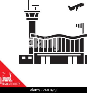 Airport buildings with control tower and airplane icon vector. Stock Vector