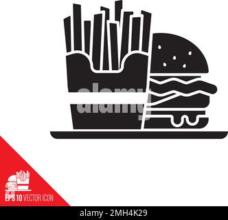 Box of french fries and Hamburger on tray vector icon. Fast food meal symbol. Stock Vector