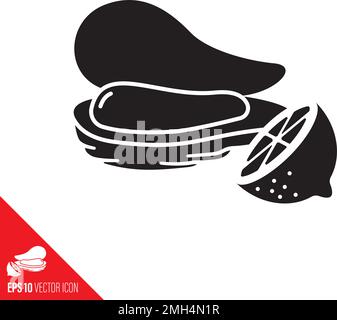 Fresh opened oyster and half lemon vector glyph icon. Seafood symbol. Stock Vector