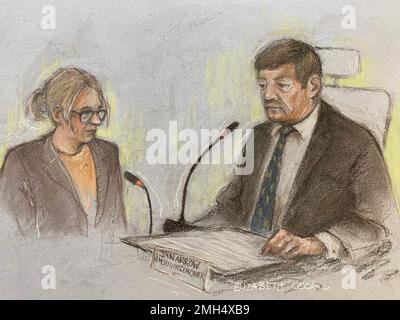 Court artist drawing by Elizabeth Cook of Michelle Moore, head of Devon and Cornwall Police and Dorset Police's firearms and explosives licensing unit (left) giving evidence at Exeter Racecourse in Kennford, Devon, for the inquest into the deaths of five people shot dead by Jake Davison in Plymouth in August 2021. Picture date: Thursday January 26, 2023. Stock Photo