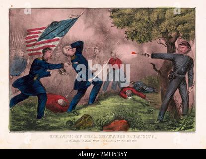The Battle of Ball's Bluff was a battle in the American Civil War fought on October 21st 1861. It was won by the Confederate forces under General Nathan Evans and the Unionist senator,who was fighting as a colonel, was killed in the action. This painting depicts the death of Colonel Baker. Stock Photo