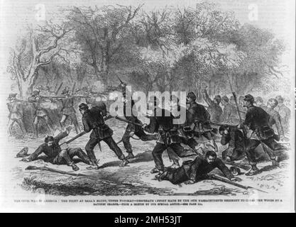 The Battle of Ball's Bluff was a battle in the American Civil War fought on October 21st 1861. It was won by the Confederate forces under General Nathan Evans and the Unionist senator,who was fighting as a colonel, was killed in the action. This painting depicts the a bayonet charge by the Unionist troops Stock Photo